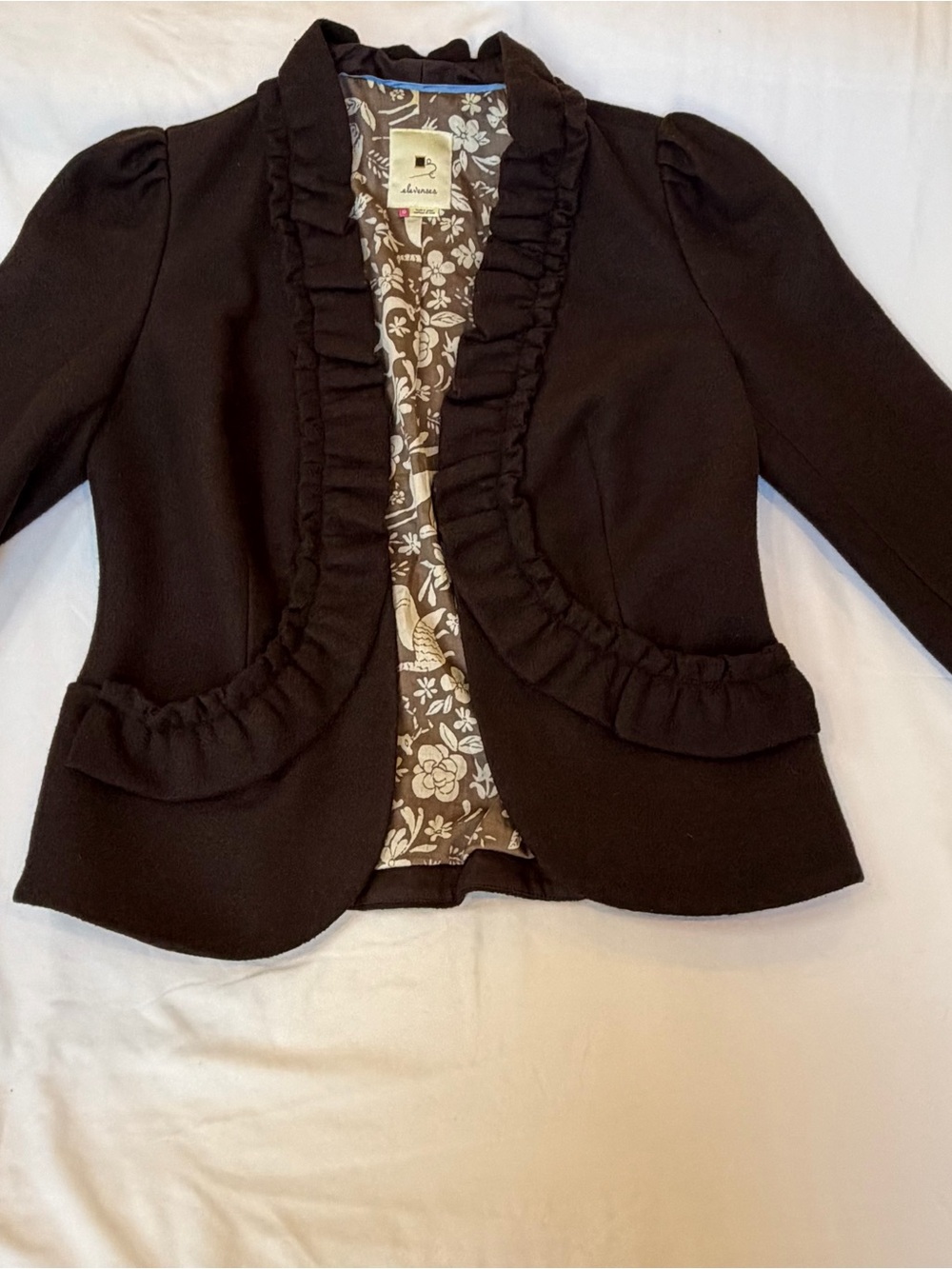 Anthropologie Elevenses Womens 10 Brown Wool Blend Ruffle Blazer Floral Lined